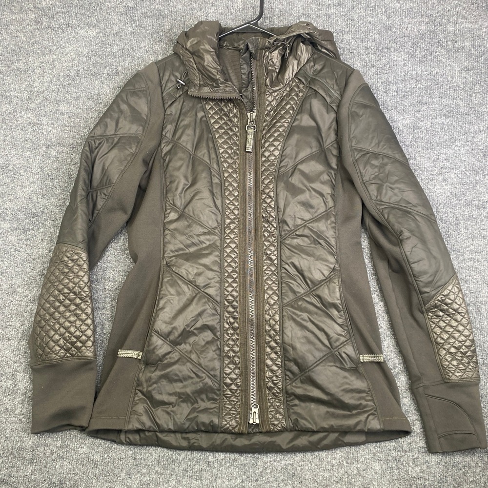 Athleta Rock Ridge Hybrid Jacket Brown Quilted Insulated Hooded Small 350851-01